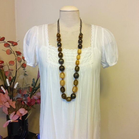Vintage NEW sandwich jewellery Large Gray Tan Beads VTG Art Deco Long Necklace - Picture 7 of 7